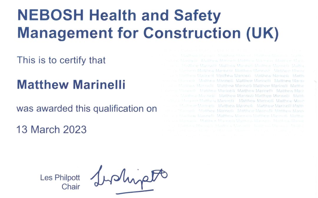 Matt gains his NEBOSH Health and Safety Management for Construction (UK) course!